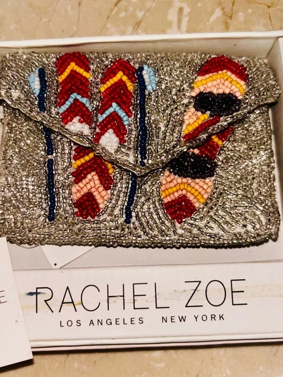 Rachel Zoe Ski Silver Beaded Card Case with Red, Yellow & Black Bead Charm NIB