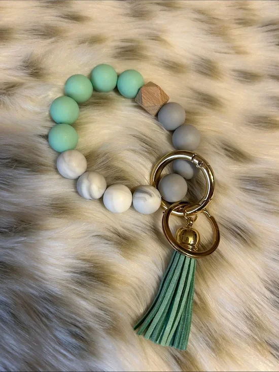 Mint and Gray Beaded Tassel Keychain Bracelet