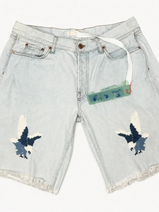 Off-White Light Blue Denim Shorts with Embroidered Birds