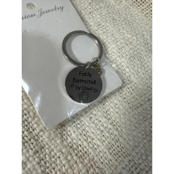 NOTHERS Easily Distracted by Cows Key Ring Heart Rose Charm Silver Tone Keychain