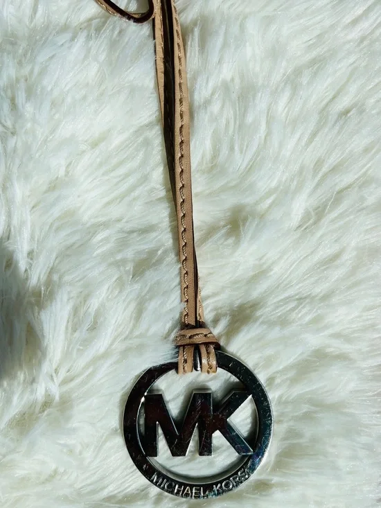 Michael Kors Tan Leather Strap Keychain with Silver MK Logo Charm