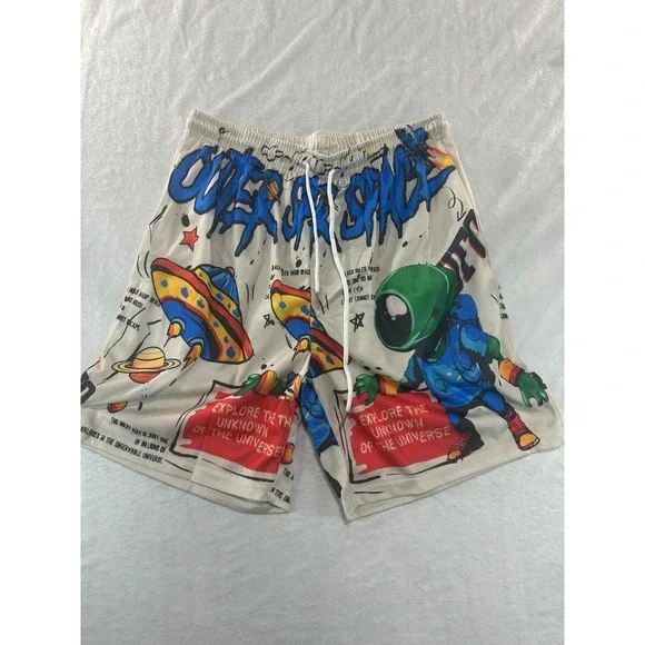 Vintage Outer Space Alien UFO Mesh Basketball Shorts Mens Small Y2K Streetwear‎