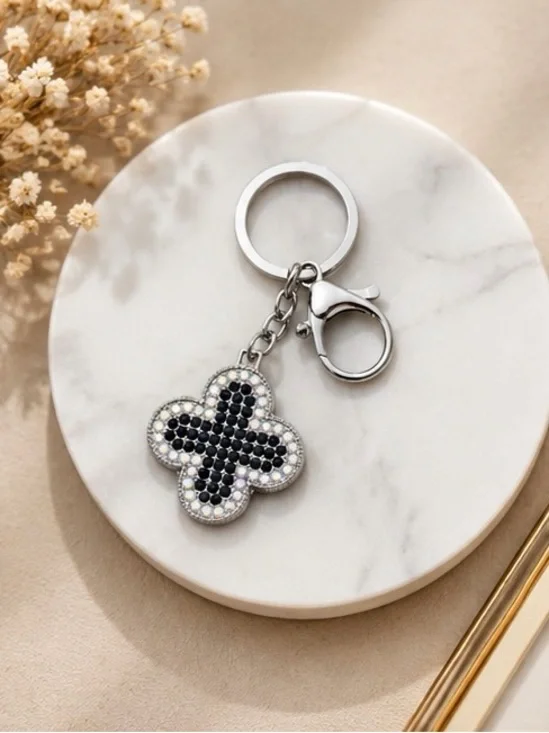 Silver Keyring with Black & White Crystal Clover Charm