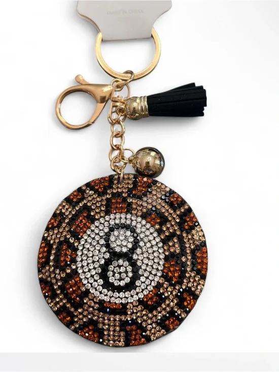 Crystal Beaded '8' Game Ball Keychain Bag Charm in Black & Brown