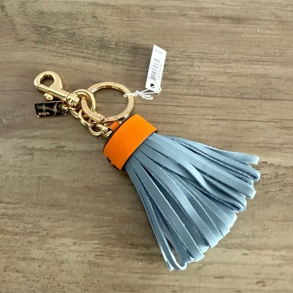 NWT Coach leather tassel bag charm keychain Gold Blue Orange F58505