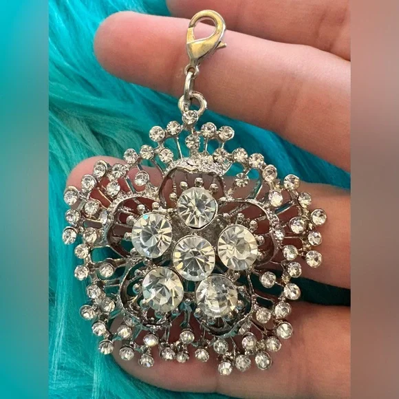 Silver Rhinestone Flower Rosette Bag Charm Clip Pendant