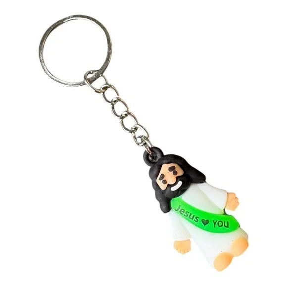 Jesus Love You Key Chain White Green Rubber 3.5