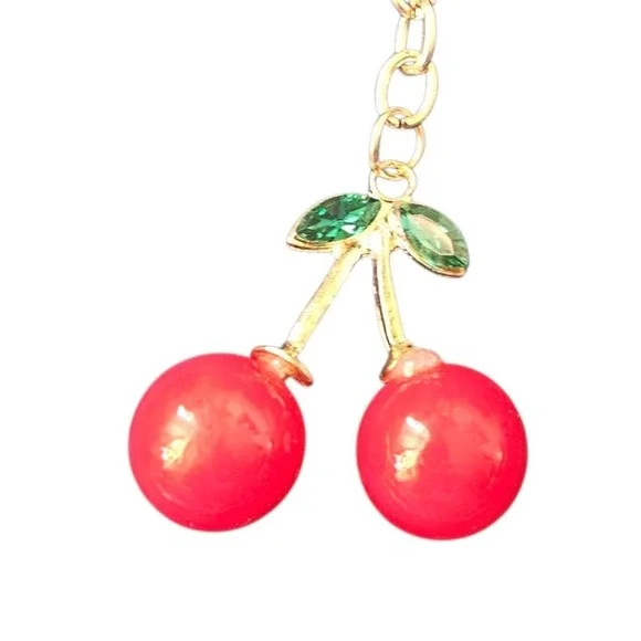 Cute‎ Cherry Keychain Gold Tone Bag Charm Purse Accessory Novelty Fruit Decor