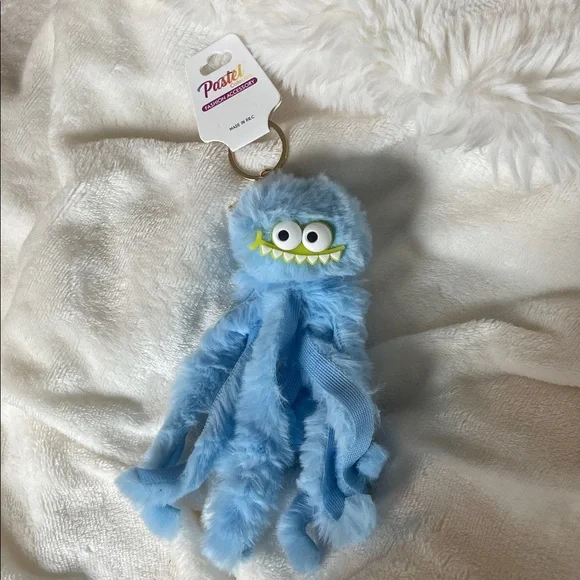 Blue Furry Monster plush octopus keychain purse charm key ring and claw clip NWT