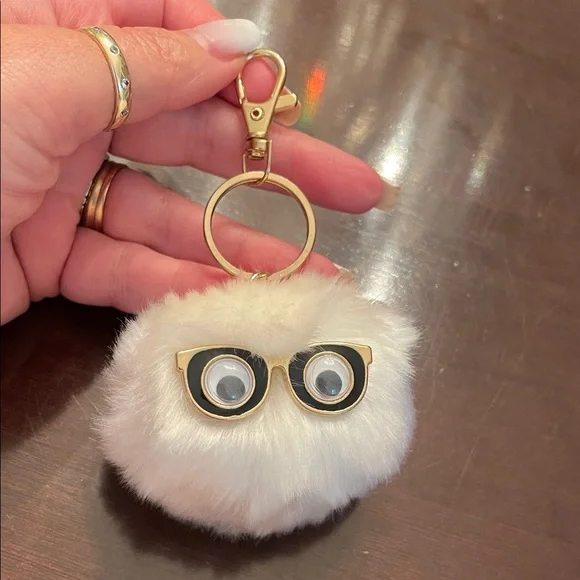 Furry White Keychain with Gold black glasses Accents new