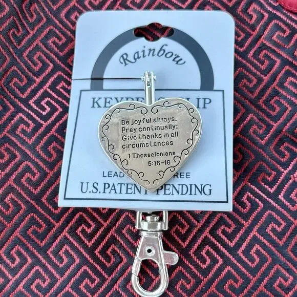 Rainbow Keypers Klip Key Clip Heart Bag Charm Religious Bible Verse Silver Tone