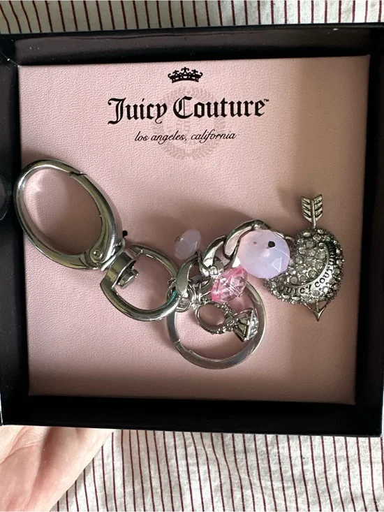 Juicy Couture Silver-Tone Key Ring with Pink Crystal Heart & Beads