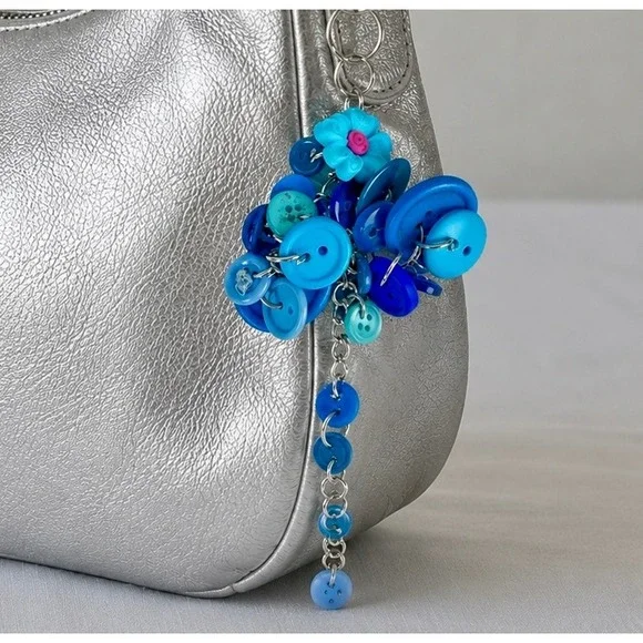 Handmade Blue Button Bag Charm Keychain Boho Eclectic Accessory Turquoise 7.5