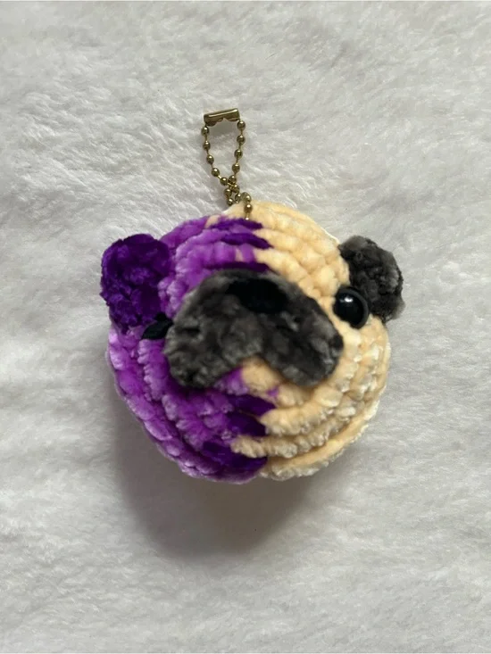 Pug zombie half purple zombie w/ x eyes half fawn Pug Keychain handmade crochet