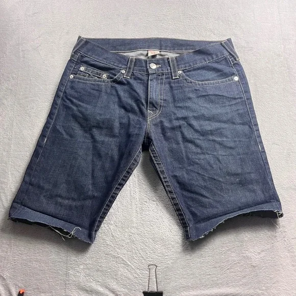 True Religion Men Dark Wash Cut Off Denim Shorts Straight Fit Size 38 M4E800FPZW