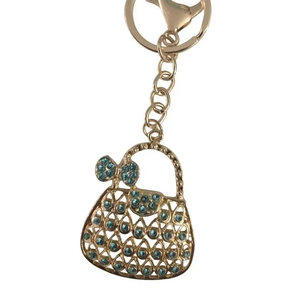 Gold Tone Handbag Purse Charm Keychain Blue Rhinestones Bow Accent‎ Women