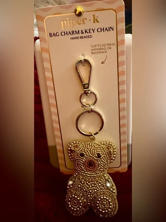 piper•k Gold Beaded Teddy Bear Keychain Bag Charm