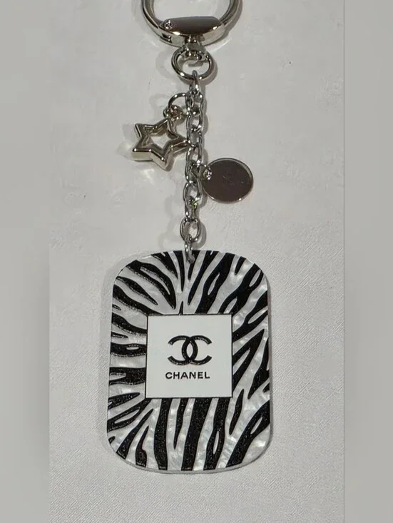 CHANEL Black & White Zebra CC Logo Keychain Bag Charm Star Charm