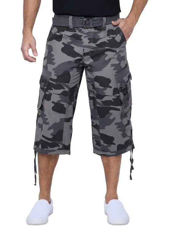 Men's Belted Long Cargo Shorts - Below Knee Length, Big & Tall 3/4 Pants