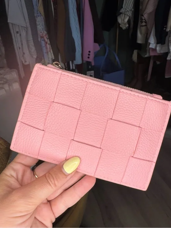Pink Woven Leather Zip Card Case Wallet - Women