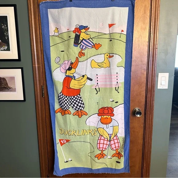 Vintage June Sobel Duck Links 1984 54” X 28” Golfing‎ Beach Towel Green Blue