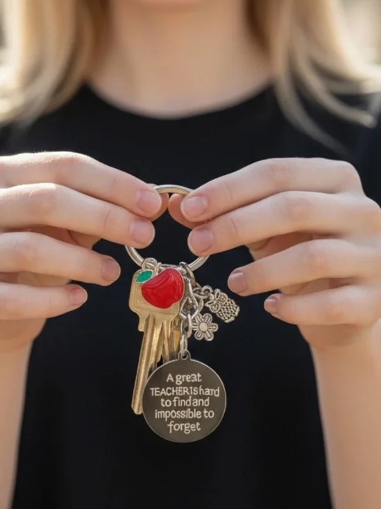 8/29 Teacher Appreciation Silver Keychain with Red Apple Charm