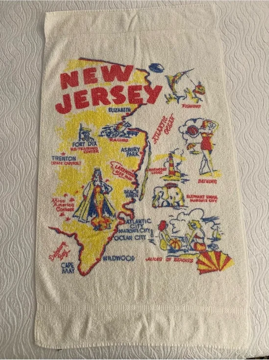 Cannon Vintage 60’s Souvenir Beach Towel of New Jersey Towns & Miles Of Beaches