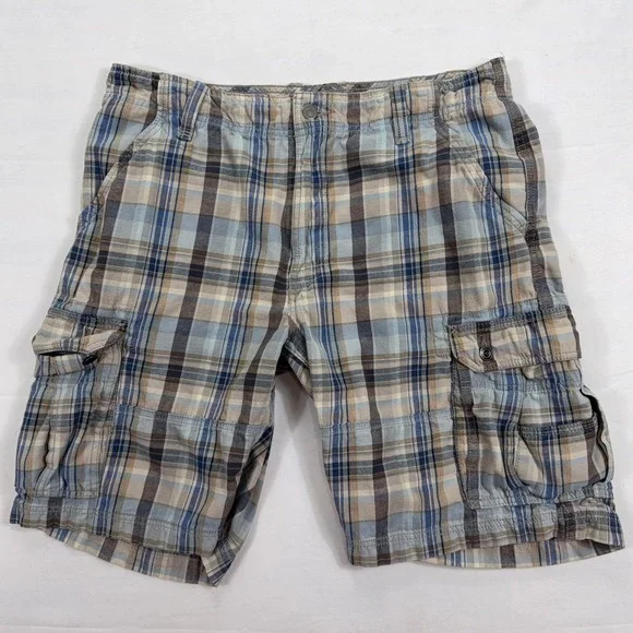 Levis Cargo Shorts Plaid Cotton Multi-Pocket Outdoor Casual‎ Size 36 Blue Brown