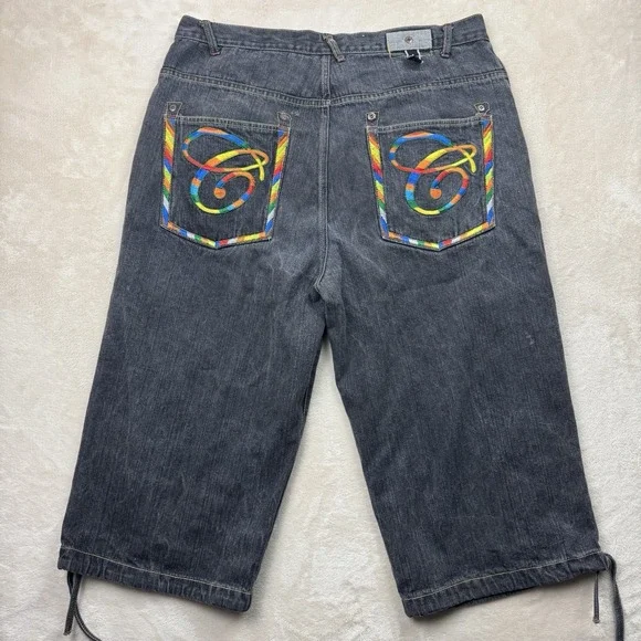 Y2K Russo Jorts Men 40(38) Black Baggy Shorts Rainbow Embroidered Drawstring Hem