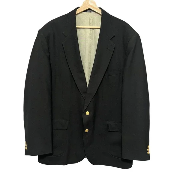 Vtg Stafford Mens Classic‎ Black Blazer 46L Long Gold Crest Buttons University