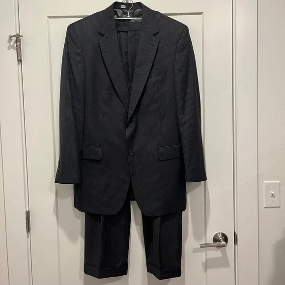 Jos. A. Bank Mens Black Pinstripe Two Button Suit Blazer and Cuffed Pants Set