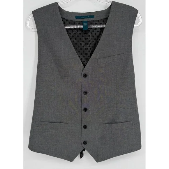 Perry Ellis Mens Gray Textured Suit Dress Vest‎ Waistcoat Polka Dot Back Sz L