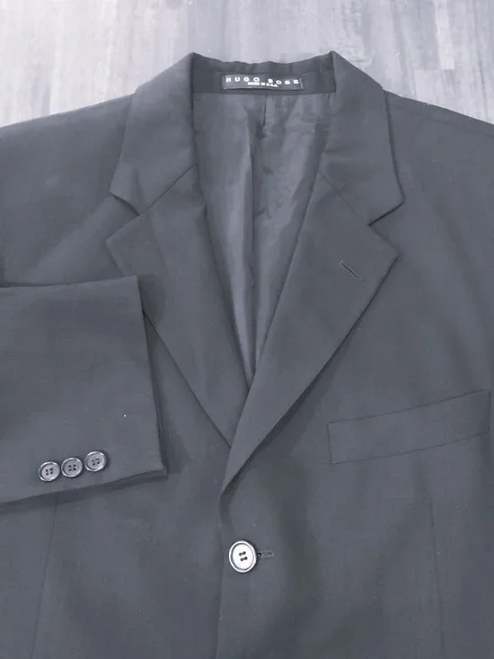 Vintage Hugo Boss Sport Coat 44R Solid Black 100% Virgin Wool Blazer Made in USA