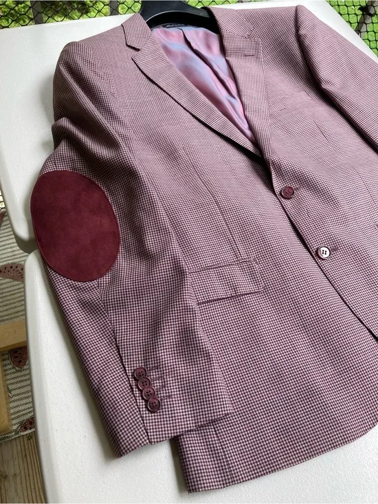 Giovanni Bresciani Slim Fit Wool Red Gingham Blazer Suede Elbow Patch Size 42