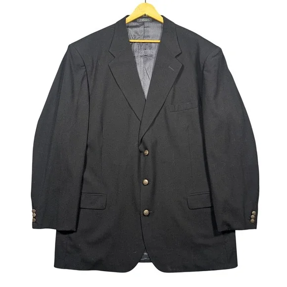 Stafford Traveler Plus Blazer Mens 48XL Black Worsted Wool 3-Button Gold Buttons