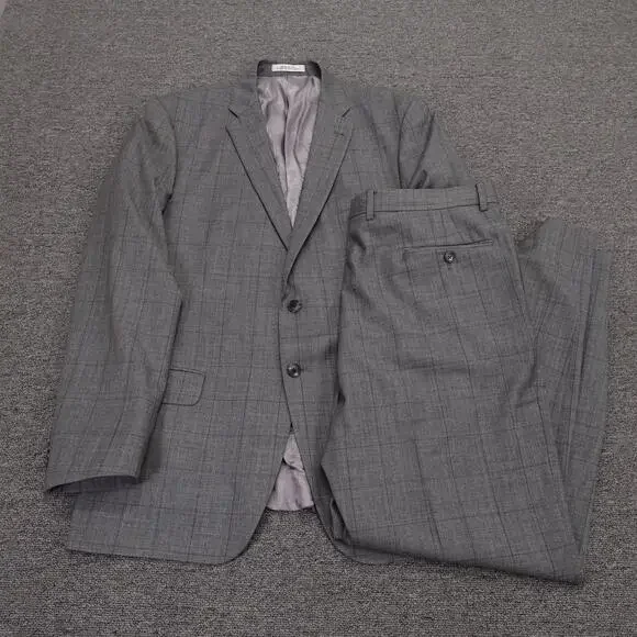 Joseph Abboud Suit Mens 44L Gray Plaid Wool 2 Button 2 Piece 38x31 Pants