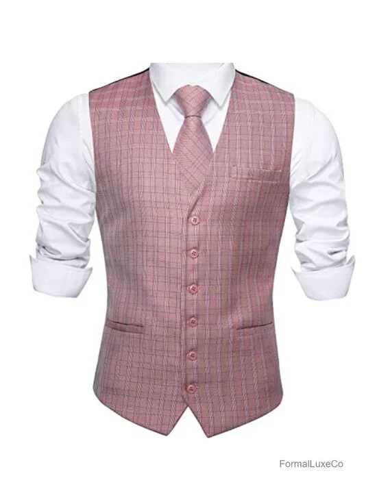 Men's Plaid Suit Vest Wool Blend V-Neck 3 Pocket Check Formal Party Waistcoat