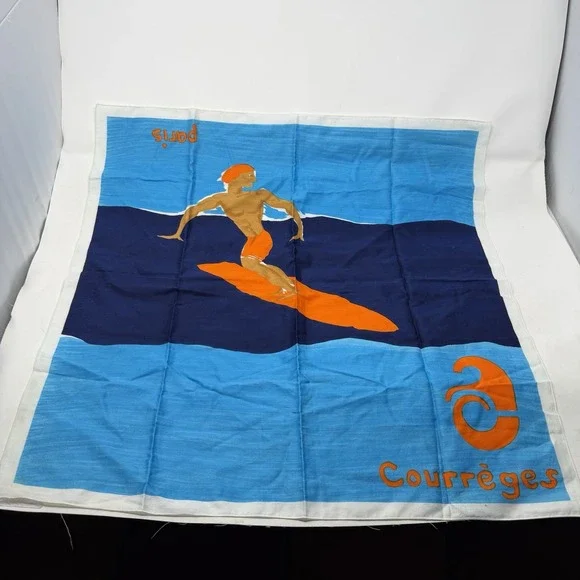 Vintage Courrèges Paris Cotton Scarf 1970s Surfer Wave Print 22