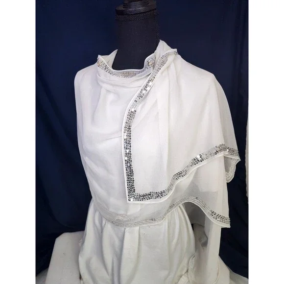 Women's Beaded Evening Trim Chiffon Lightweight Scarf Wrap White Sheer  75