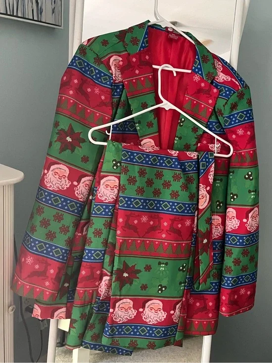 Men’s Holiday Santa Print Jacket, Pants, and Tie Matching Set