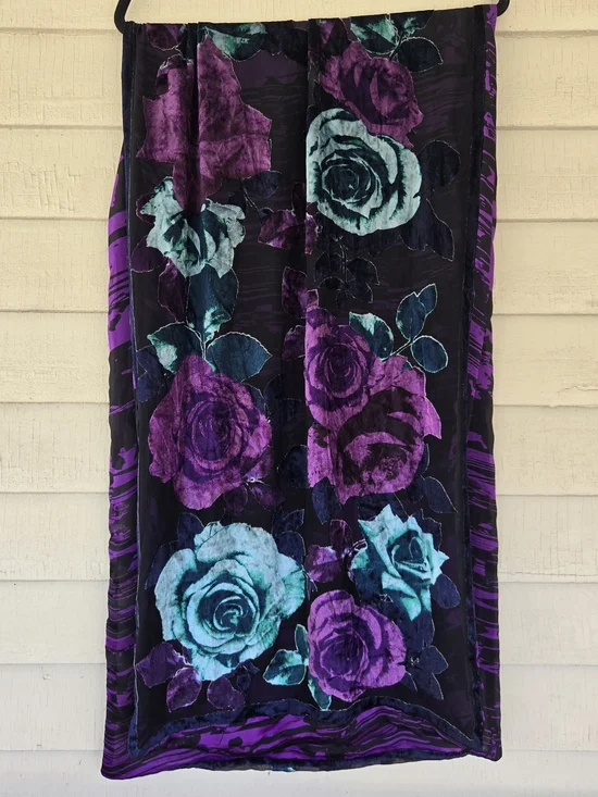 Velvet Floral Print Scarf in Teal and Purple 19× 69