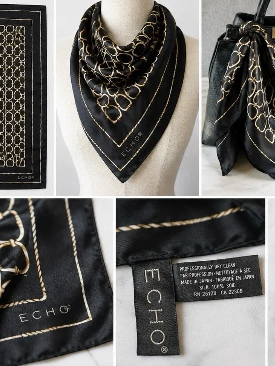 Vintage ECHO 100% Silk Black and Gold Chain Print Made In Japan 20x20