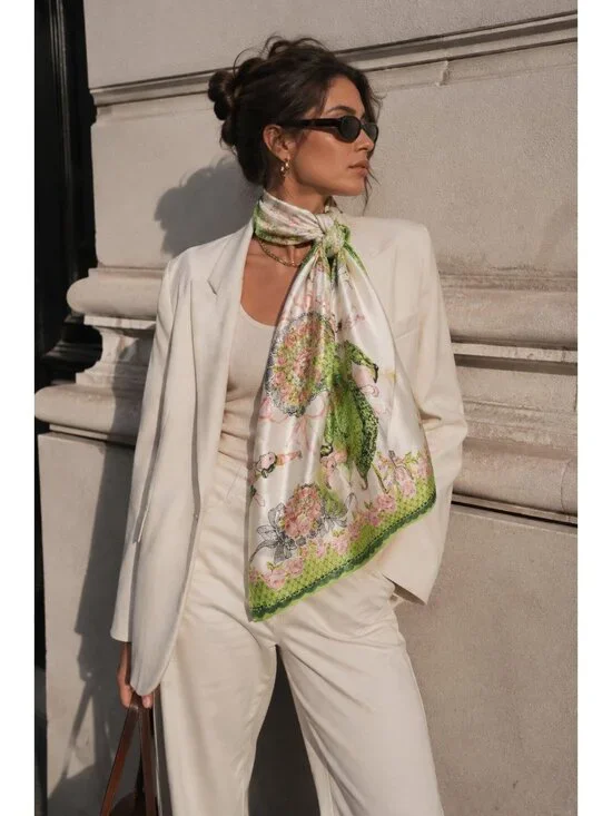 Vintage Silk Scarf Green Pink Floral Ladies Novelty Print Large Square 33x34''