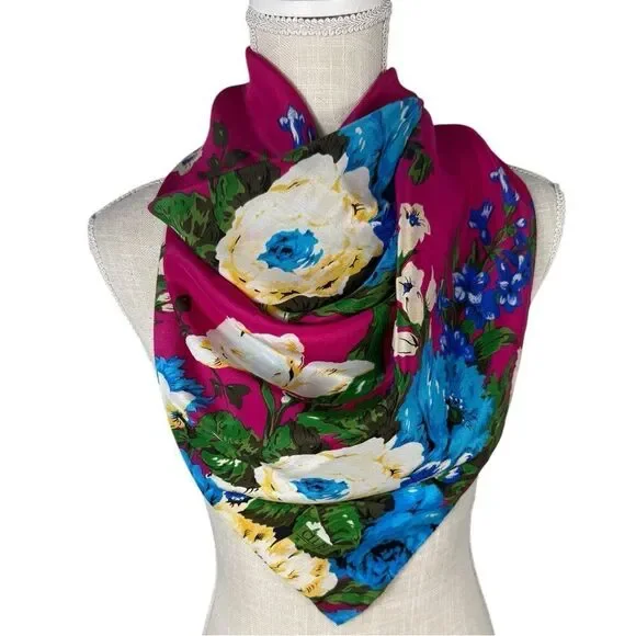 Club Echo Vintage Gorgeous Vivid Magenta Floral Silk Scarve