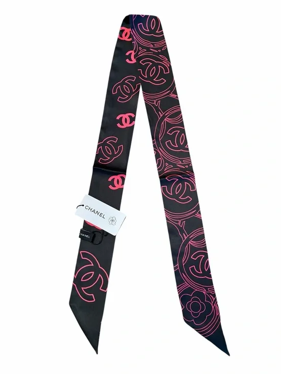 ChaneI. Black and Pink Logo Twilly , Hair, Muffler Scarf 100% Silk
