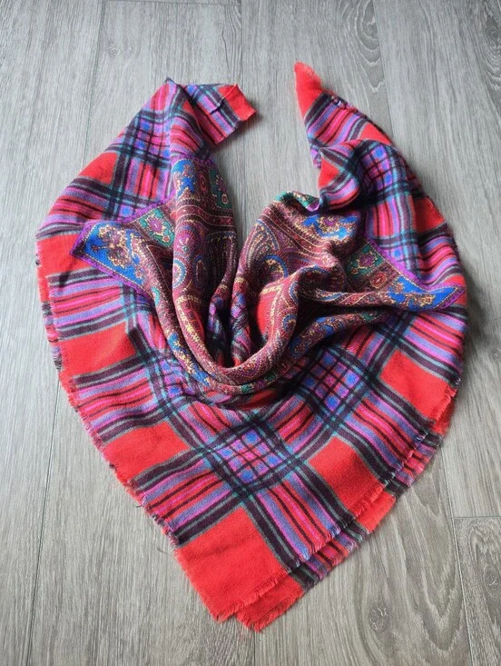 Vintage Square Scarf Red Tartan Plaid Paisley Boho Wool Feel Head Wrap 32x32
