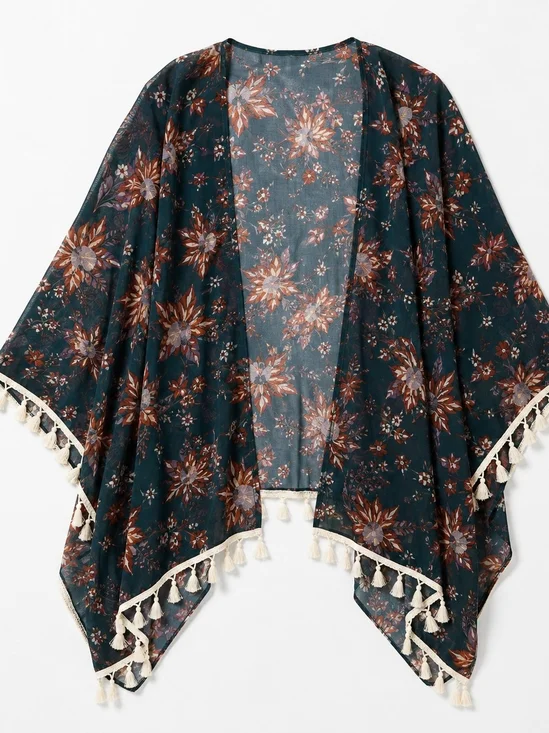 SHEIN 3X Dark Teal Floral Tassel Fringe Boho Kimono