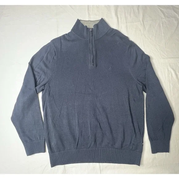 Nautica Mens Blue‎ Long Sleeve Fleece Quarter Zip Size Large Mock Neck