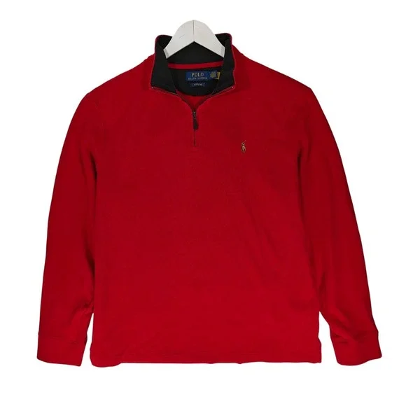 Polo Ralph Lauren Mens Estate Rib Quarter Zip Pullover Red Cotton Sweater LG