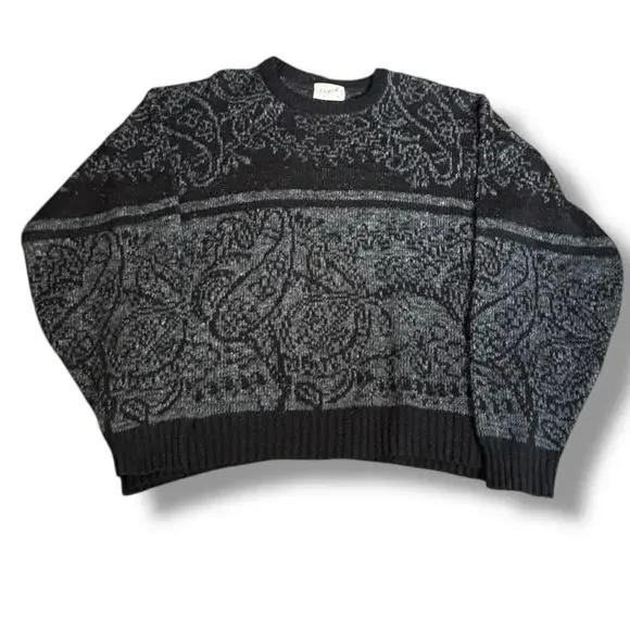 Vintage 90s Black Gray Floral Tapestry Knit Pullover Sweater Made in USA XL‎